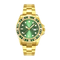 Luxury men's gold steel watch with green dial and emerald-cut crystal bezel - Gold Green