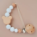 Pacifier clip with wooden bear head and white spotted silicone beads on beige background - Spotted White(64#)