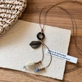 Handmade woven rope necklace with wood ring, bronze leaf, and colorful beads - Brown Round Leaf