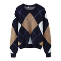 Jersey de punto azul marino con rombos para mujer con cuello redondo y diseño geométrico - S / Como se muestra