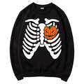 Black fleece hoodie with skeleton rib print and orange jack-o'-lantern for Halloween - S / Tops / Black (Pumpkin Skeleton Ribs)