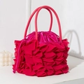 Elegant rose pink ruffled evening handbag with drawstring closure and bucket design - Rose Red