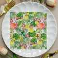 Floral paper napkins with pink flamingo and palm leaf prints on a white plate - Flamingo Palm Leaves (1071)