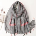 Ethnic style cotton-linen scarf with grey wave pattern and pink tassel detailing - Grey White & Pink Wave Patchwork (SL2211-022)