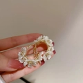 Macro detail of white floral hoop earrings with sparkling rhinestones and golden centers - Pink Flower (19# Ear Hook)