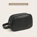 Midnight black woven PU cosmetic bag with golden zipper and sturdy carrying handle - Handbag Small / Midnight Black