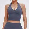 Blaugraues nahtloses geripptes Yoga-Set mit Neckholder-Sport-BH und Leggings mit hoher Taille - S / Oberteile / Blaugrau