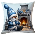 Detail of blue gnome and fireplace print on a winter white decorative pillow cover - Gnome by the Fireplace