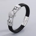 Bracciale da uomo in pelle nera intrecciata con chiusura a testa di leone in acciaio argento - Testa di Leone in Acciaio (KB109755-K)