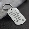 Silver rectangle keychain engraved with Have Fun Be Safe message and heart pattern - Granny
