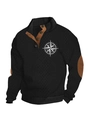 Zwarte outdoor herentrui met knoopkraag en bruine stukken op de ellebogen - S / Top (Kompasdruk) / Zwart