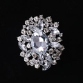 Detail of flower brooch with oval crystal centerpiece and marquise rhinestones on silver base - MM-BR-0031 / Silver