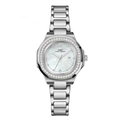 Women silver steel watch with mother of pearl dial and crystal bezel plus calendar - Silver Case White Dial