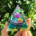 Amethyst crystal sphere pyramid with flower of life and gold leaf resin base - Style 9