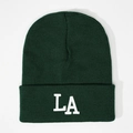 Dark green knitted beanie with white LA 3D embroidery on fold, warm casual winter hat style - Dark Green