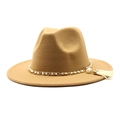 Detail of camel wool fedora with gold chain, white pearls and cream tassel accents - M (56-58cm) / Camel