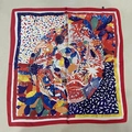 Silk-like square scarf featuring colorful abstract floral patterns and a red border trim - Graffiti Red Flower Square Scarf / 65
