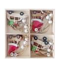 Set of 4 Christmas wooden camper ornaments with red hats in a display tray - 4-Grid Red Hat Car
