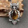 Vintage owl brooch pendant with tiger eye stone and silver feathered metal textures - Tiger's Eye