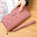 Pale pink long PU leather wallet with quilted stitching and heart bear embroidery - Deep Pink
