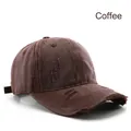 Vintage distressed baseball cap in coffee brown cotton canvas with worn hole details - Brown