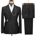 Men's slim fit black double-breasted two-piece suit set with decorative metal chain brooch - XXS / Black