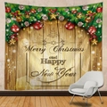 Tapiz navideño con fondo de madera, ramas de pino y felicitación de Navidad - 150x130cm / Estilo 2-Grano de Madera Rama de Pino Deseo