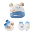 Set neonato 3 pezzi in cotone con cappellino e muffole, motivo orsetto in bianco e blu - Set da 3 Pezzi Orso Marrone Lettera Rossa Blu Reale