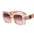 Oversized pink frame sunglasses with thick chain temples and gold Greek meander detail - Champagne Frame Gradient Tea Pink Lens