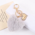 Grey plush heart keychain with gold ring and I Love You engraved crystal charm - Gray