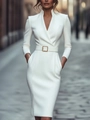 Elegant white slim fit long-sleeve high waist midi dress with belt for professional women - S / Dresses / White