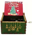 Green wooden hand-crank music box with red Merry Christmas lid and festive carvings - Christmas 41/Red Green/Merry Christmas Print