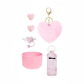 Pink tumbler accessory kit with heart faux fur pompom, silicone boot and keychain set - Pink