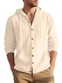 Men's cotton linen hooded shirt in beige featuring a button-down front and kangaroo pocket - Light Khaki
