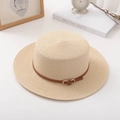 Elegant French flat top straw hat in beige with brown leather belt and gold buckle - M (56-58cm) / Beige