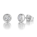 Macro shot of polished round bezel-set zircon stud earrings with silver metal and butterfly back - 6mm / Silver Plated White Zirconia