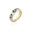 Detailed view of gold plated adjustable ring with blue enamel evil eye design - Adjustable Open / Sapphire Blue