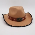 Sombrero de vaquero de fieltro caqui con banda de cuero y hebilla de cabeza de toro - Banda Ancha Marrón Toro de Cobre (LM0672) / Borde Negro Caqui