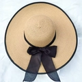 Cappello di paglia da donna a tesa larga pieghevole con fiocco nero per il mare - Taglia Unica (55-58cm) / Bordo Nero Cachi
