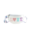 White LOVE sequin kids waist bag with rainbow nylon strap and pink heart detail - Off White
