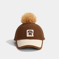 Brown wool baseball cap with cream corduroy brim, fluffy pompom and R letter embroidery - 52-54cm (3-7 Years) / Letter R-Coffee