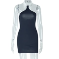 Detail of black slim fit bodycon dress featuring a white contrast halter neck collar - S / Black