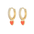 Chic gold huggie hoop earrings with sparkling zircons and red enamel heart charms - Gold Plated Orange