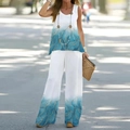 Women's summer two-piece set with white to blue gradient and golden leaf print - S / Blue White Gradient