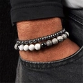 Men's 8mm lava tiger eye stone bead bracelets on wrist with casual denim style - Metallic Luster and Gray