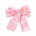 Elegant pink satin bow hair clip with long ribbons and glossy finish for women - Duckbill Clip-Z227 / Pink