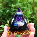 Orgonite pyramid featuring purple crystal ball, tree of life, gold foil and black stones - E-2-2 Amethyst Tree of Life