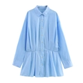 Blaues Langarm-Hemdkleid mit Taillenbindung und Faltenrock im schlichten Preppy-Stil - XS / Hellblau