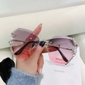Fashion oversized rimless sunglasses with purple gradient lenses and rhinestone detail - Grey to Pink Gradient (A06 Lingxiao 8816#)