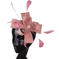 Pink fascinator hat with bow and feathers for women party on a black mannequin - Dusty Pink